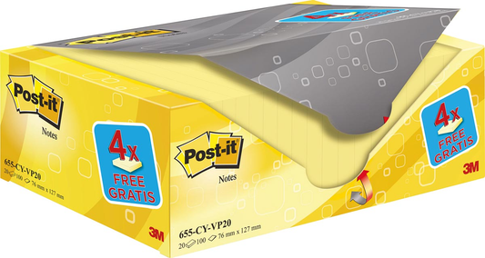 Post-it notes, 100 vel, ft 76 x 127 mm, geel, pak van 16 blokken  + 4 gratis