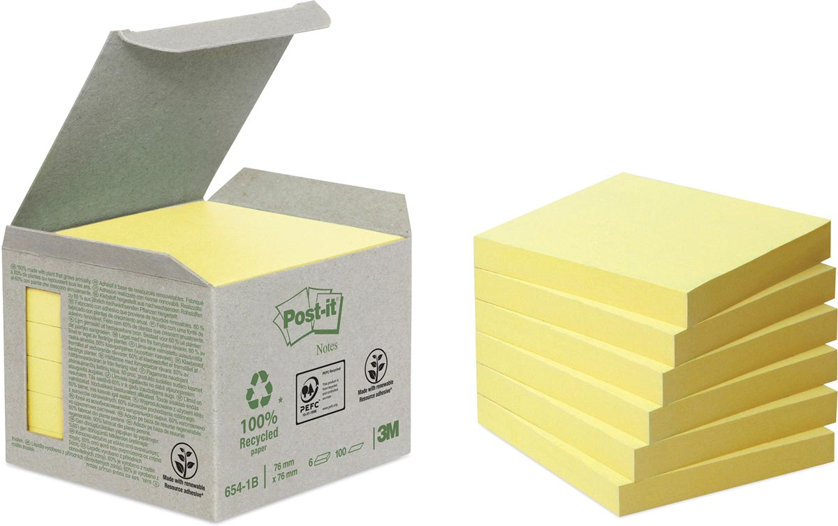 Post-it Recycled notes, 100 vel, ft 76 x 76 mm, geel, pak van 6 blokken