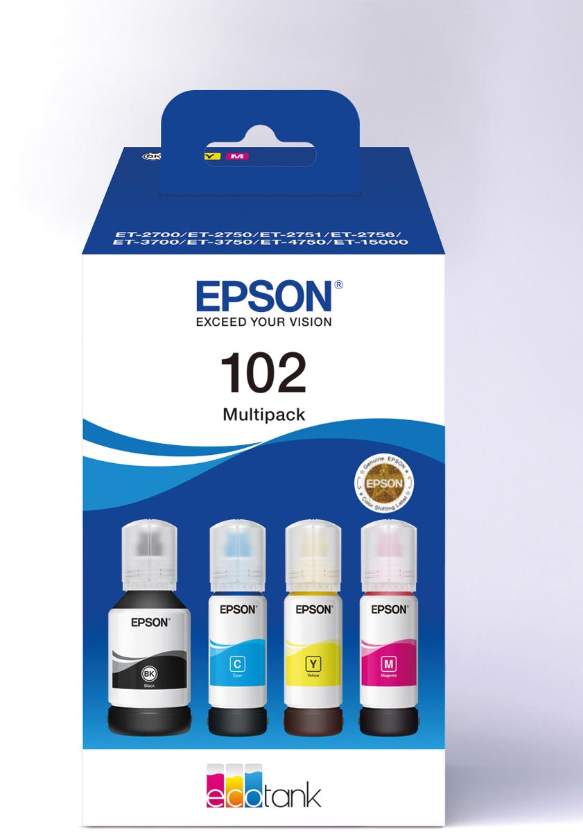 Epson inktfles 102, 6.000 - 7.500 pagina's, OEM C13T03R640, 4 kleuren