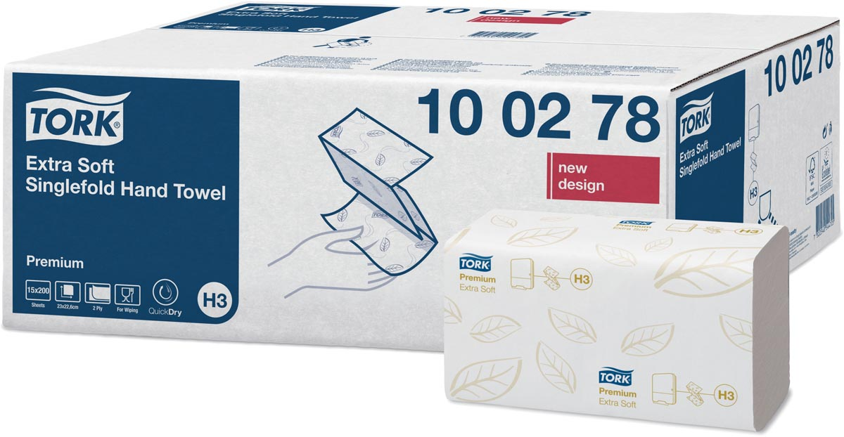 Tork Premium handdoek extra soft, 2-laags,  ZZ-fold, systeem H3, wit, 200 sheets, pak van 15 stuks