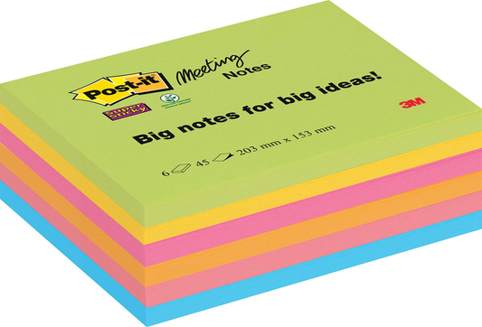 Post-it Super Sticky Meeting notes, 45 vel, ft 203 x 153 mm, geassorteerde kleuren, pak van 6 blokken