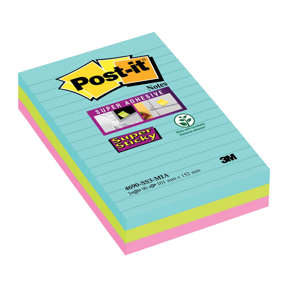 Post-it Super Sticky Notes XXL Cosmic, 90 vel, ft 101 X 152 mm, gelijnd, geassorteerde kleuren, pak van 3