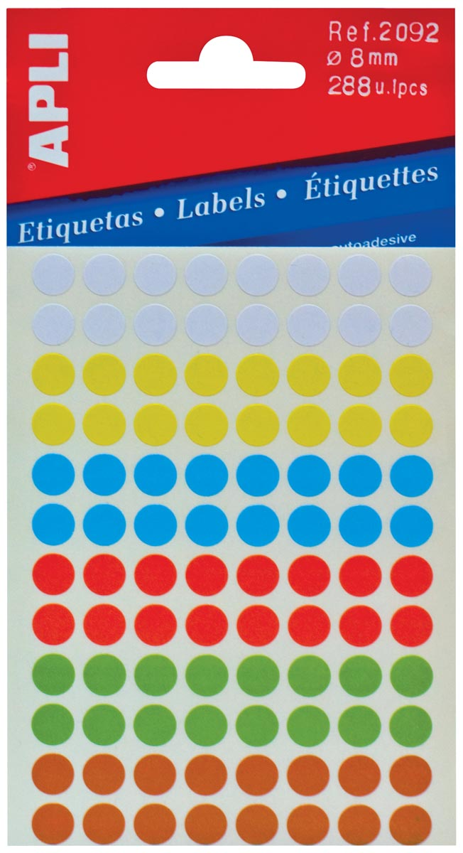 Apli ronde etiketten in etui diameter 8 mm, geassorteerde kleuren, 288 stuks, 96 per blad (2092)