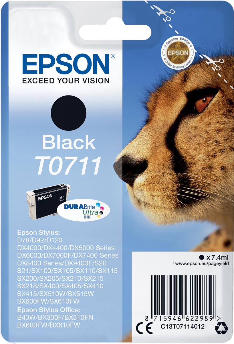 Epson inktcartridge T0711, 245 pagina's, OEM C13T07114012, zwart