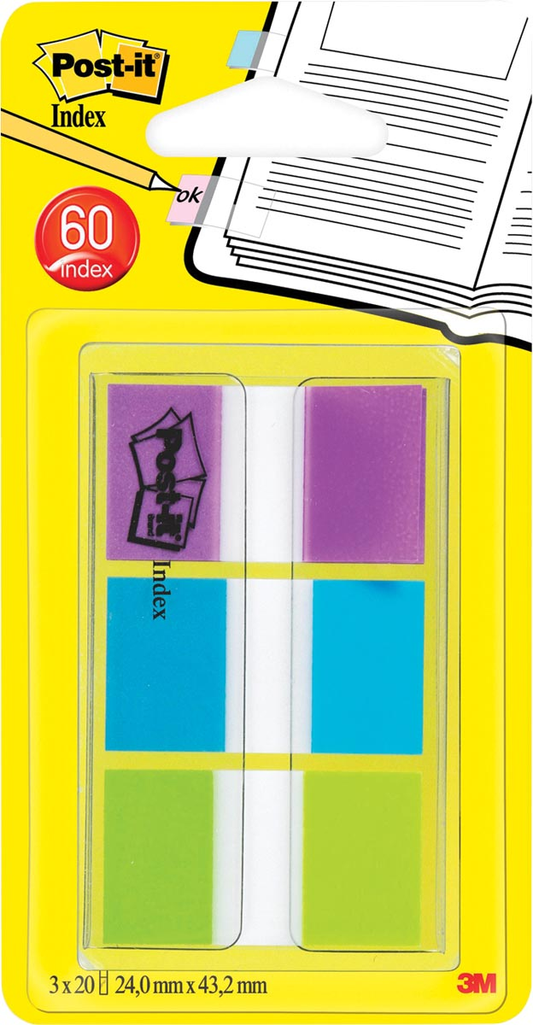 Post-it Index standaard, ft 25,4 x 43,2 mm, blister met 3 kleuren, 20 tabs per kleur