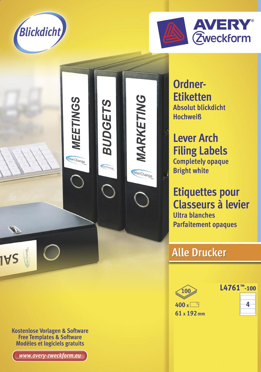 Avery Zweckform L4761-100 ordnerrugetiketten ft 19,2 x 6,1 cm (b x h), 400 etiketten, wit