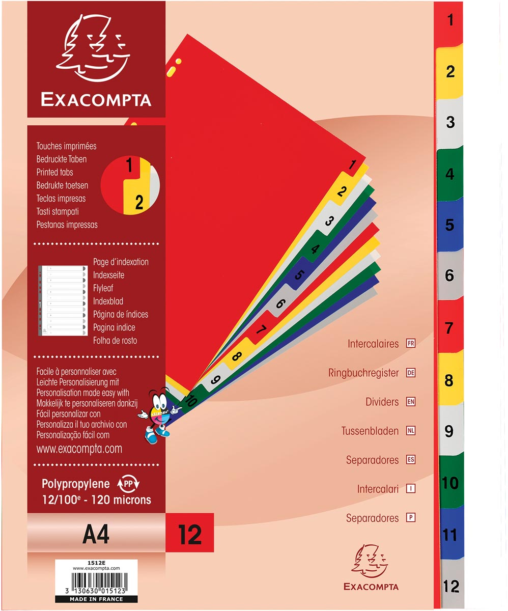 Exacompta tabbladen numeriek voor ft A4, uit PP 12/100e, 12 kleurtabs, met indexblad, wit