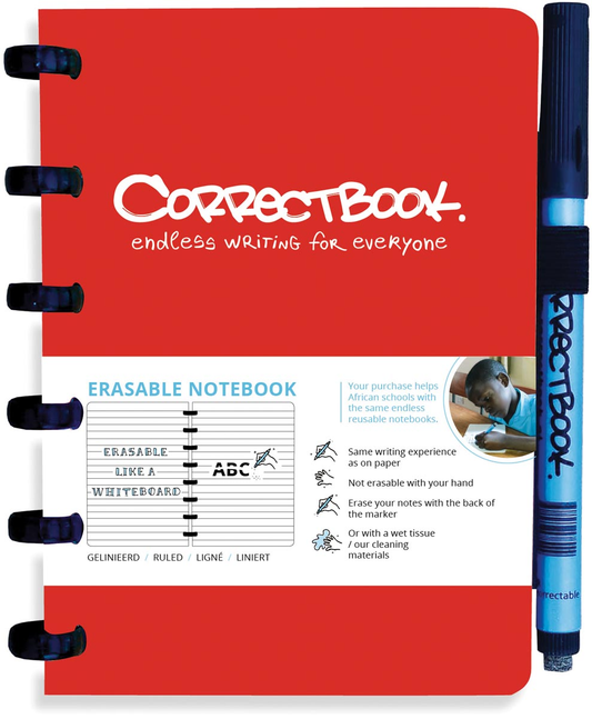 Correctbook A6 Original: uitwisbaar / herbruikbaar notitieboek, gelijnd, Horizon Red (rood)