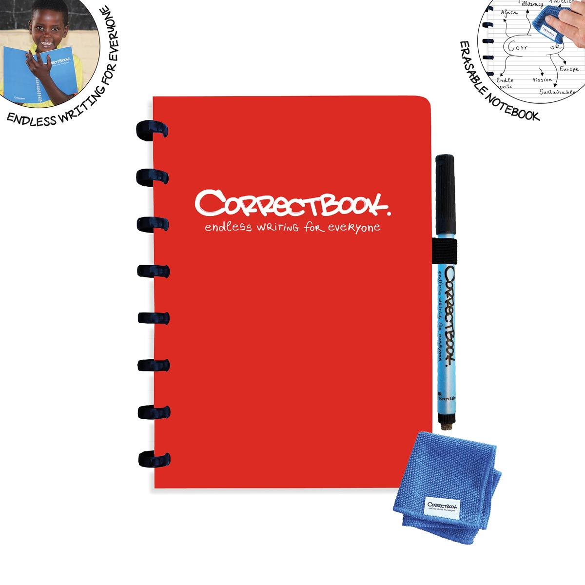 Correctbook A5 Original: uitwisbaar / herbruikbaar notitieboek, gelijnd, Horizon Red (rood)