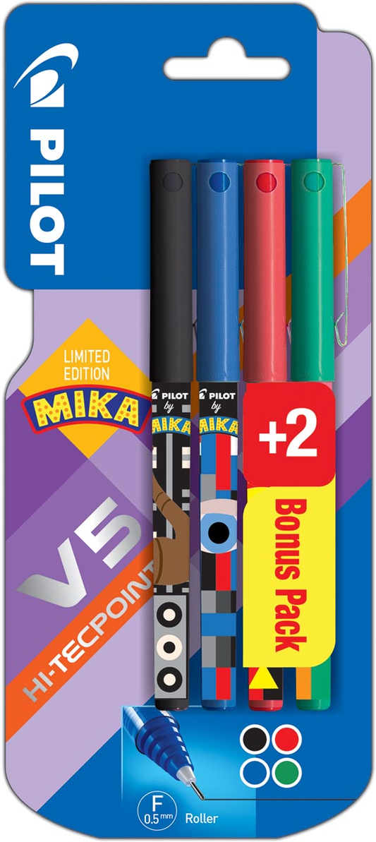 Pilot roller V-5 Mika, blister van 2+2 stuks gratis in geassorteerde kleuren