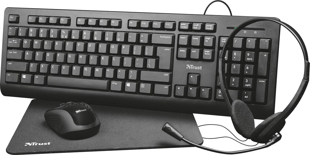 Trust Primo 4-in-1 Home Office Set met headset, toetsenbord (qwerty), muis en muismat