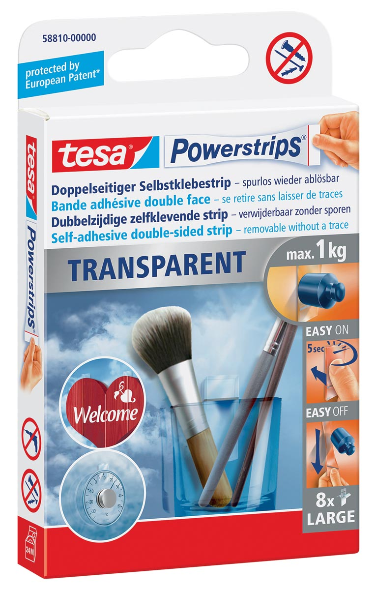 Tesa Powerstrips Transparent, draagkracht 1 kg, transparant, blister van 8 stuks