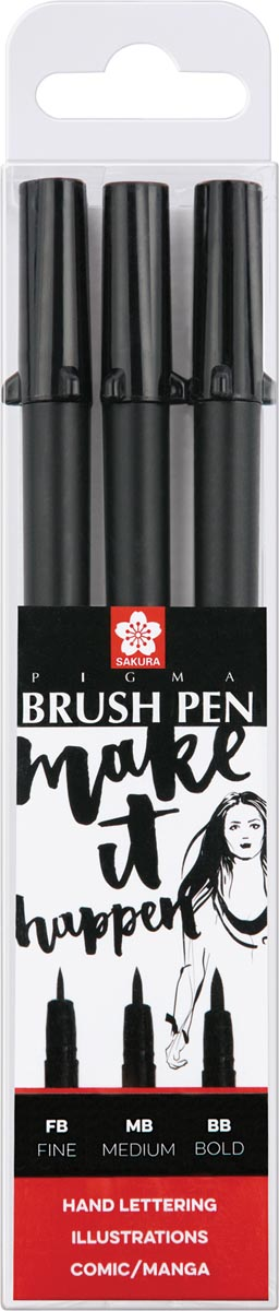 Sakura brushpen Pigma Brush, etui van 3 stuks, zwart