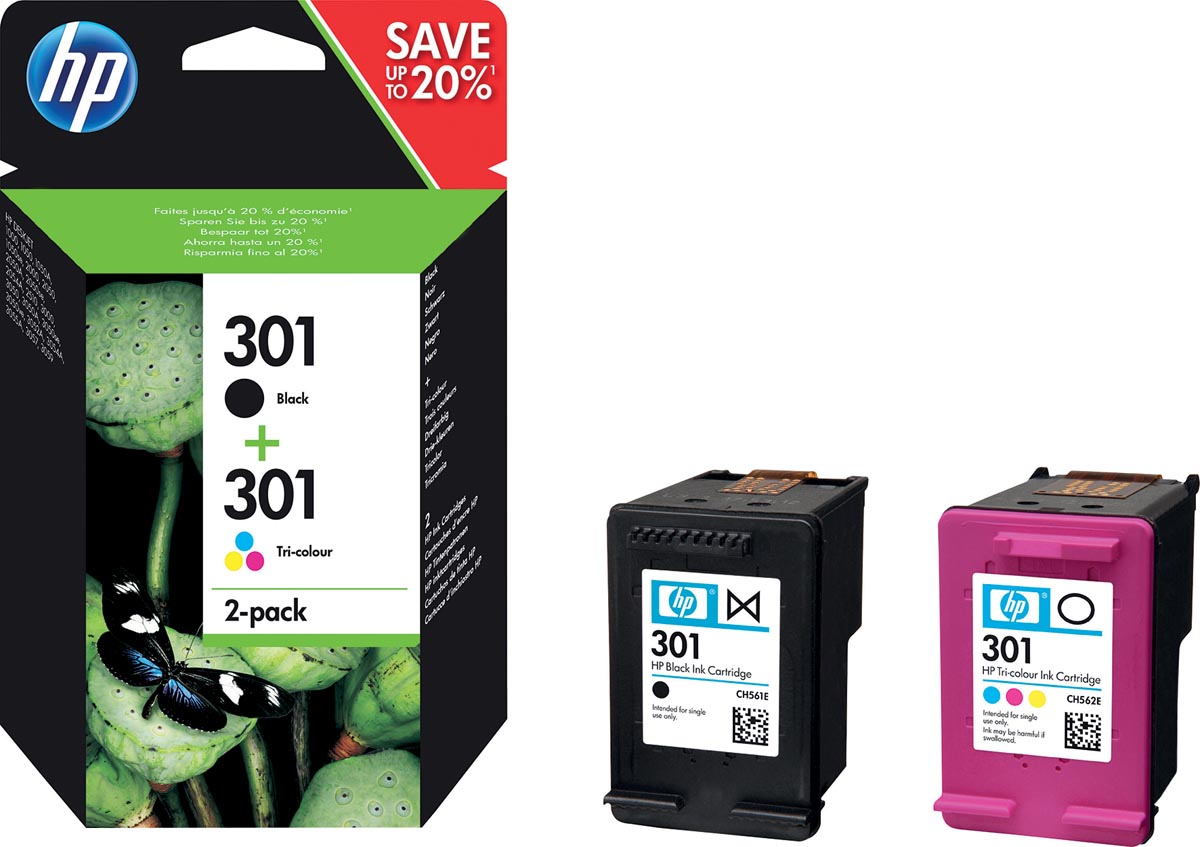 HP inktcartridge 301, 165-190 pagina's, OEM N9J72AE, 1x zwart en 1 x 3 kleuren