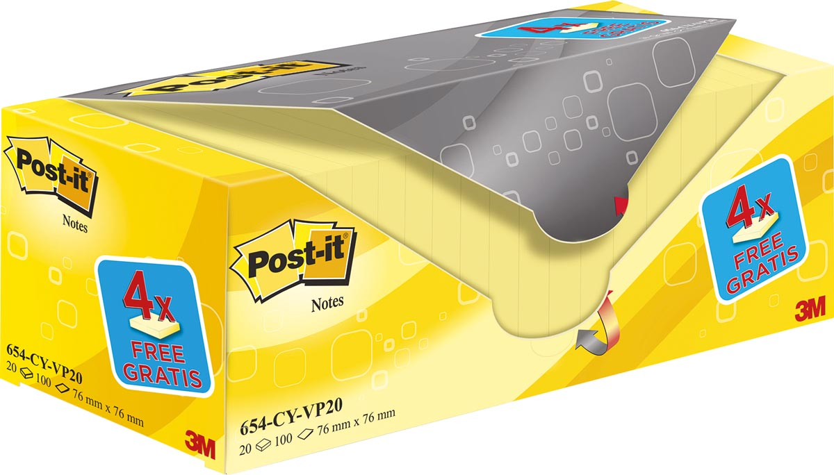 Post-it notes, 100 vel, ft 76 x 76 mm, geel, pak van 16 blokken + 4 gratis