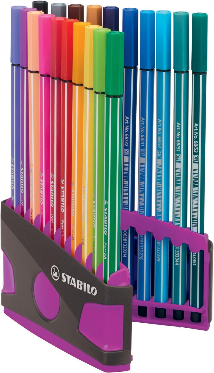 STABILO Pen 68 brush, ColorParade, lila-grijze doos, 20 stuks in geassorteerde kleuren