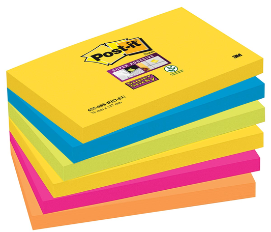 Post-it Super Sticky notes Carnival, 90 vel, ft 76 x 127 mm, pak van 6 blokken