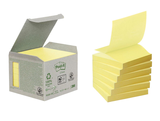 Post-it Recycled z-notes, 100 vel, ft 76 x 76 mm, geel, pak van 6 blokken