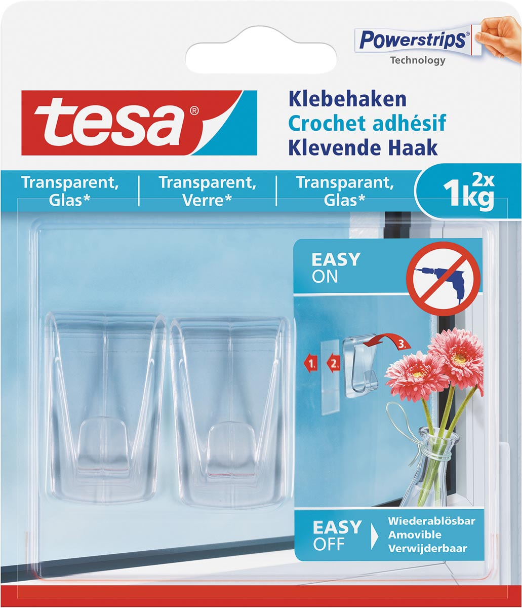 Tesa Klevende haak voor Transparant en Glas, draagvermogen 1 kg, blister van 2 stuks