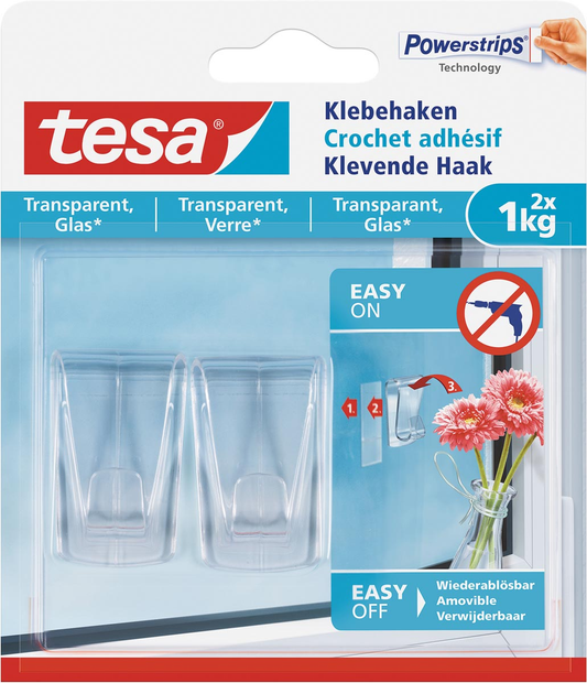 Tesa Klevende haak voor Transparant en Glas, draagvermogen 1 kg, blister van 2 stuks