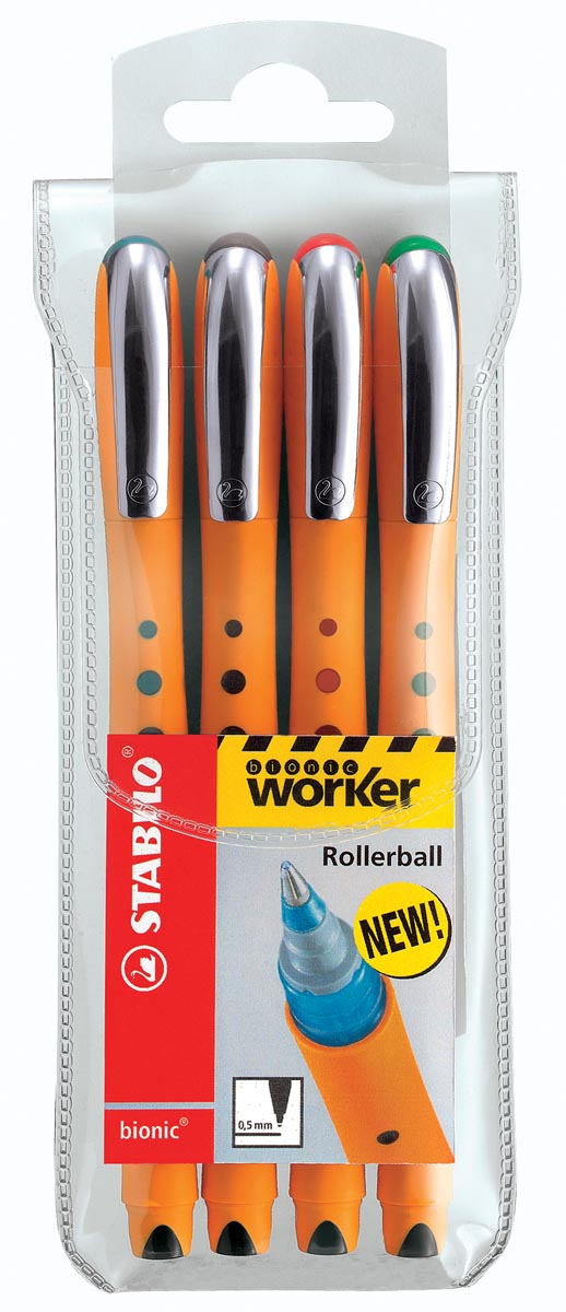 STABILO worker+ roller, 0,4 mm, etui van 4 stuks in geassorteerde kleuren