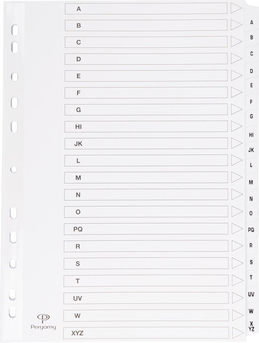 Pergamy tabbladen met indexblad, ft A4, 11-gaatsperforatie, A-Z met 20 tabs