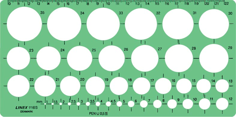 Linex cirkelsjabloon 1 - 35 mm, met 39 cirkels en milimeteruitlijning